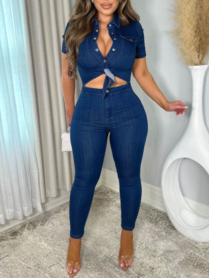 Women Lapel Hollow Out Skinny One Piece Jeans Romper Denim Jumpsuit