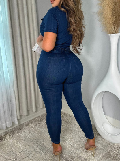 Women Lapel Hollow Out Skinny One Piece Jeans Romper Denim Jumpsuit