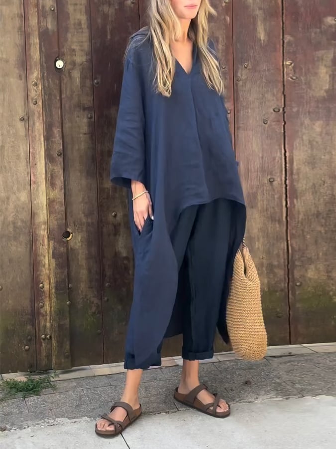 Women's casual solid color cotton and linen suit