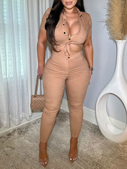 Women Lapel Hollow Out Skinny One Piece Jeans Romper Denim Jumpsuit