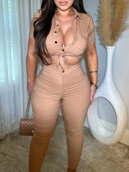 Women Lapel Hollow Out Skinny One Piece Jeans Romper Denim Jumpsuit