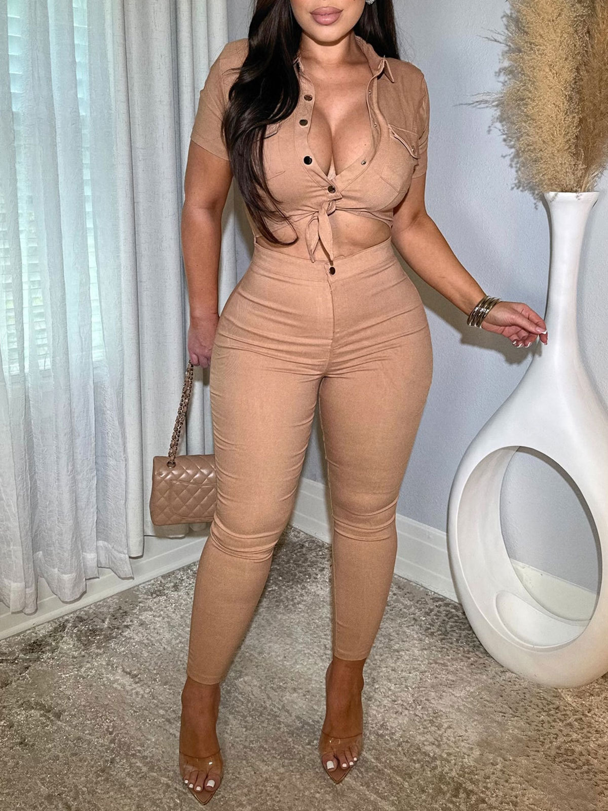Women Lapel Hollow Out Skinny One Piece Jeans Romper Denim Jumpsuit