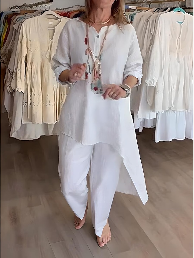 Women's cotton and linen suit casual daily black and white blue summer