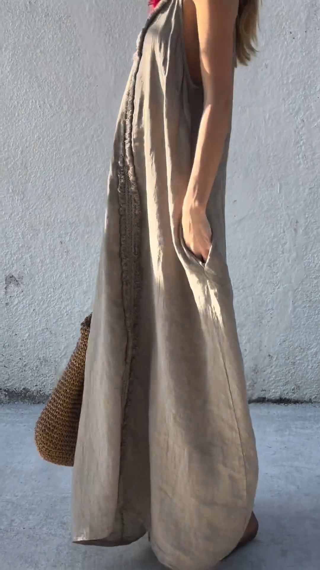 Women's V-neck Solid Color Cotton and Linen Suspender Dress