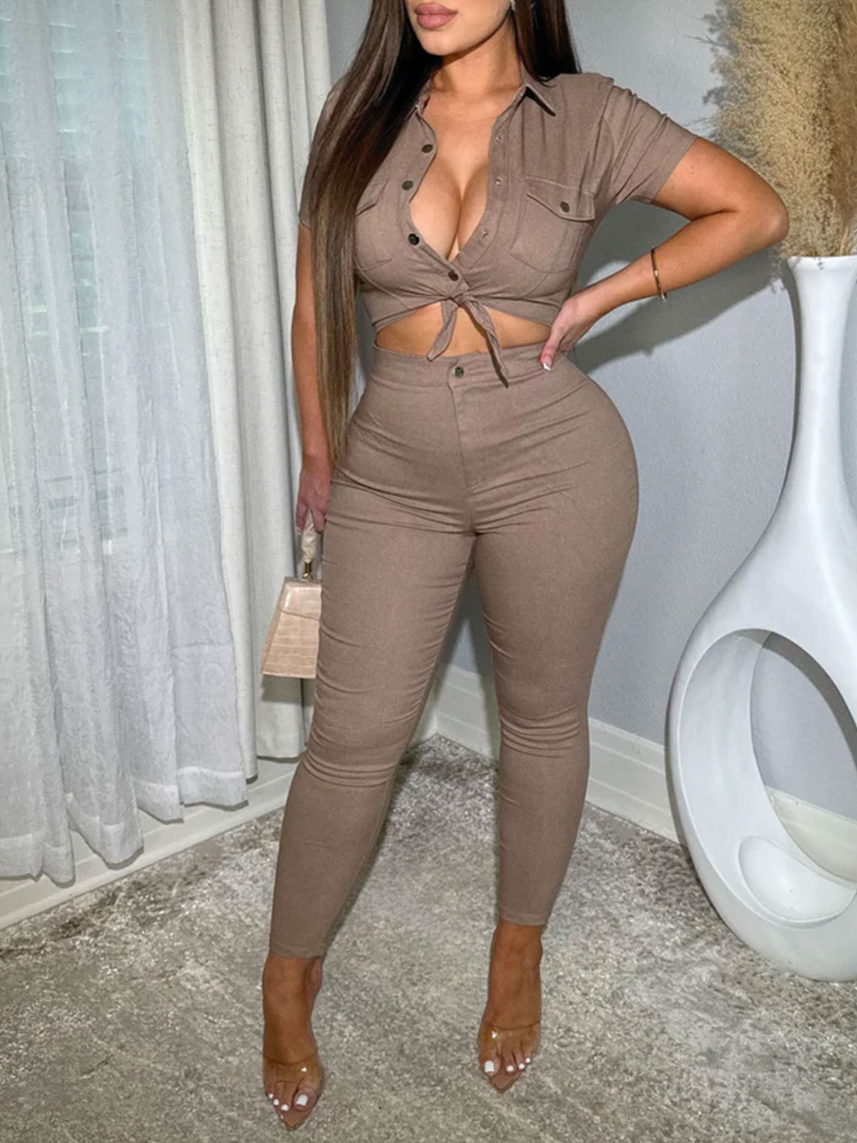 Women Lapel Hollow Out Skinny One Piece Jeans Romper Denim Jumpsuit