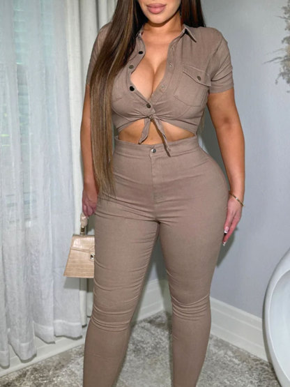 Women Lapel Hollow Out Skinny One Piece Jeans Romper Denim Jumpsuit
