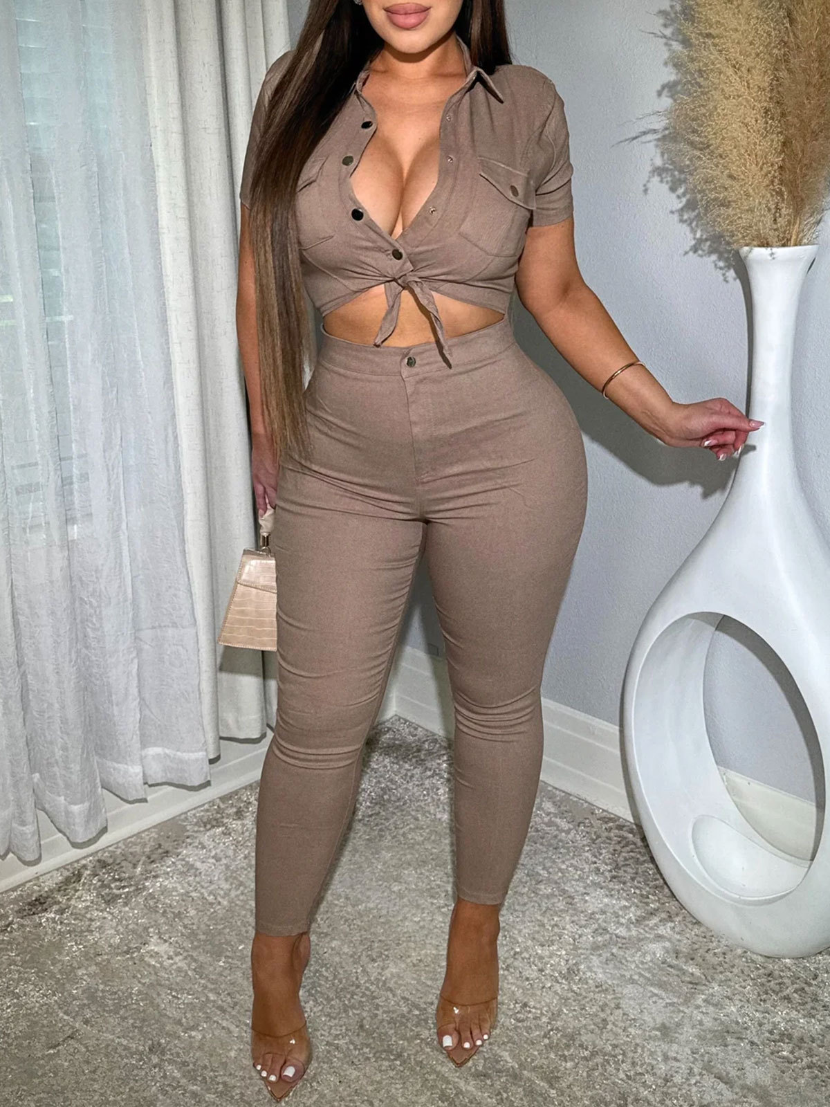Women Lapel Hollow Out Skinny One Piece Jeans Romper Denim Jumpsuit