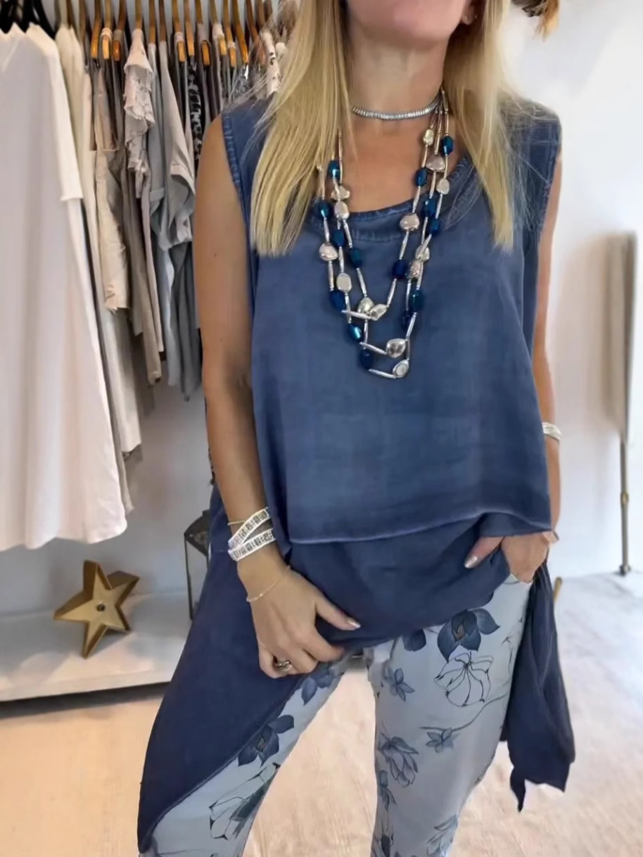 Women's plain top, casual fashion vest, long hem 2-piece set