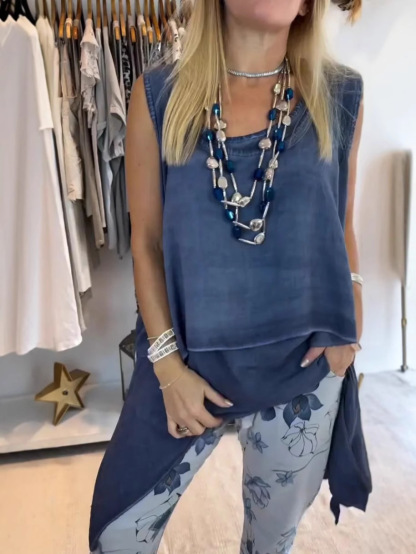 Women's plain top, casual fashion vest, long hem 2-piece set