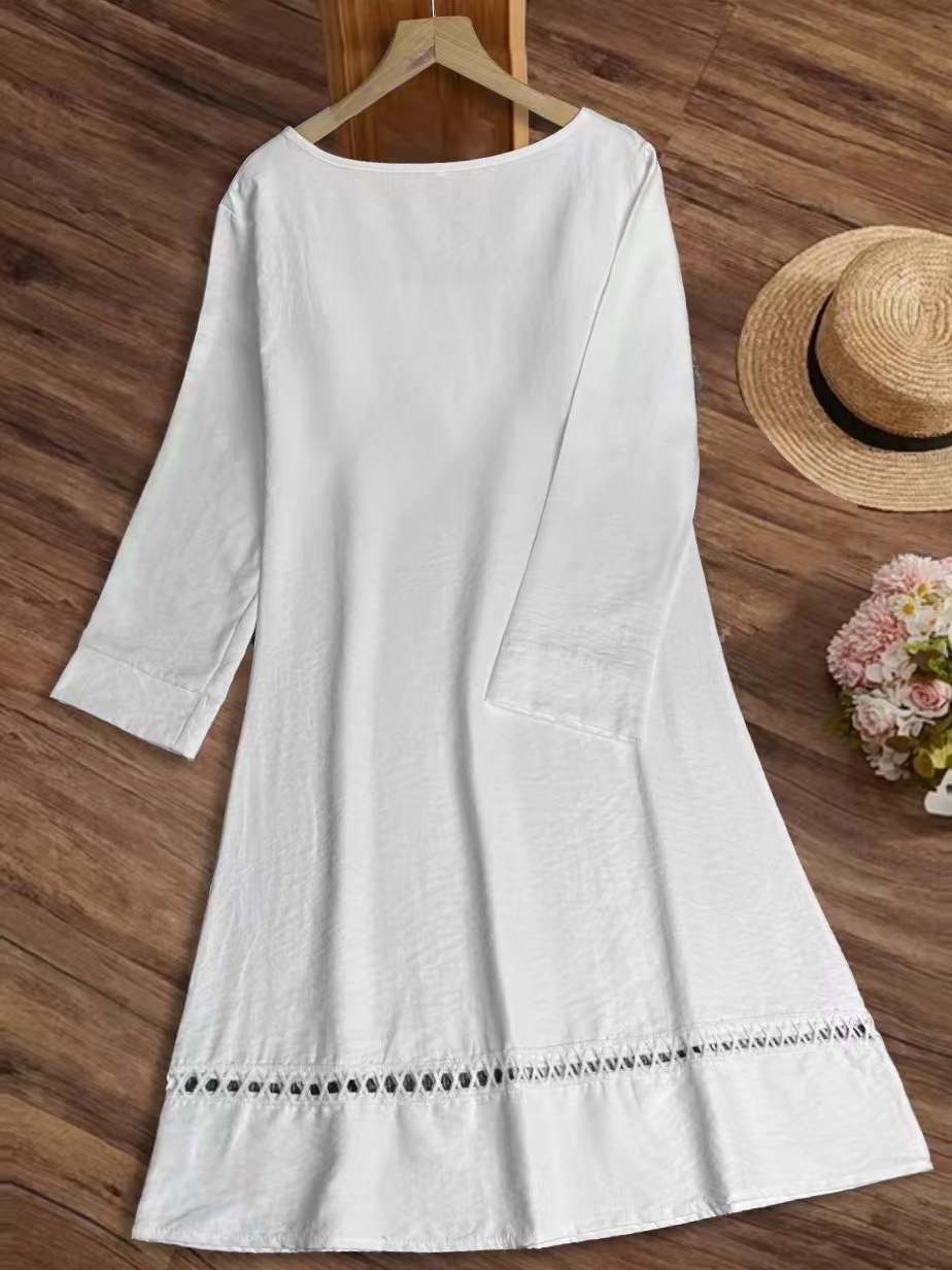 Women's Cotton Linen Dress Summer Shirt Dress Short Sleeve Midi Length Button Down Shirt Dresses Bussiness Work Dress
