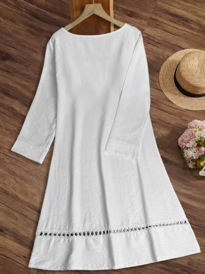 Women's Cotton Linen Dress Summer Shirt Dress Short Sleeve Midi Length Button Down Shirt Dresses Bussiness Work Dress
