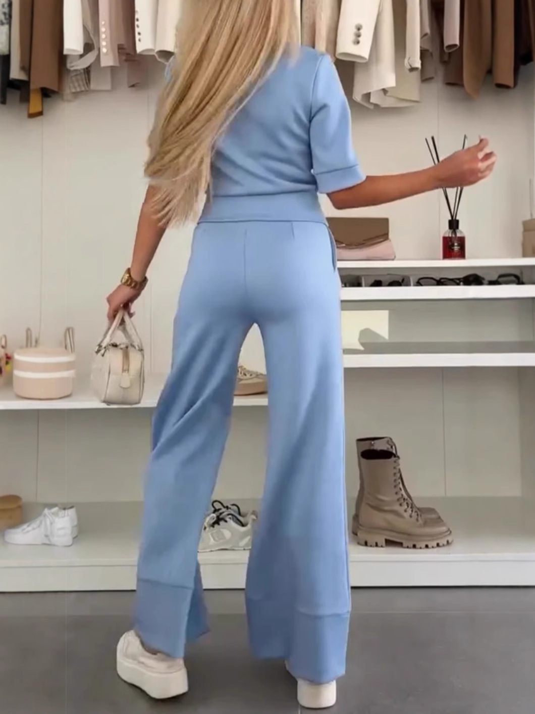 Women's new casual suit short-sleeved plain high-waist wide-leg pants