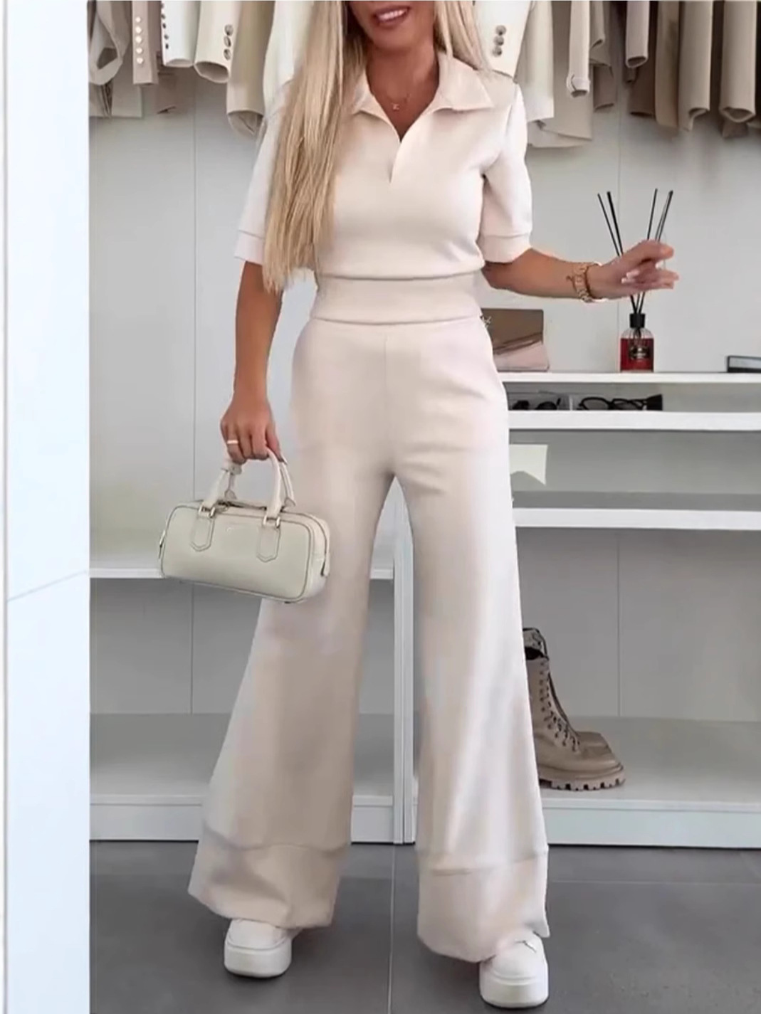 Women's new casual suit short-sleeved plain high-waist wide-leg pants