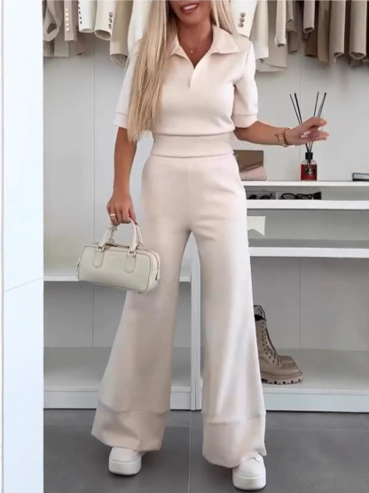 Women's new casual suit short-sleeved plain high-waist wide-leg pants