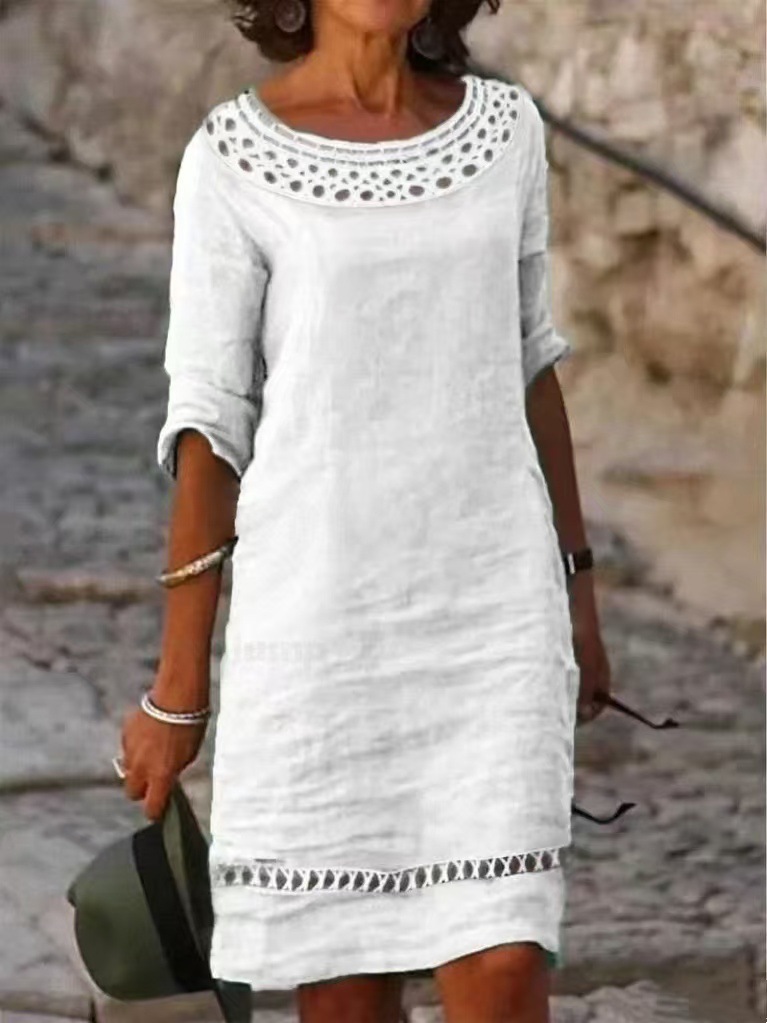 Women's Cotton Linen Dress Summer Shirt Dress Short Sleeve Midi Length Button Down Shirt Dresses Bussiness Work Dress