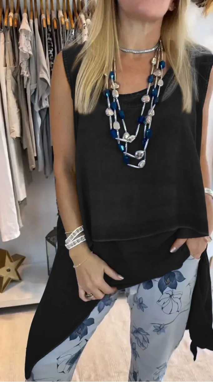 Women's plain top, casual fashion vest, long hem 2-piece set