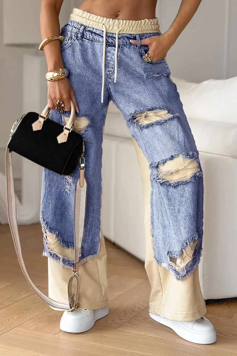 Women's Denim Trousers with Stitching and Ripped Design