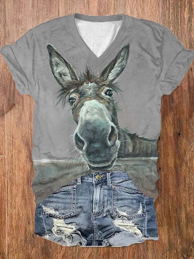 Women's Funny Donkey Print Casual V-Neck Tee