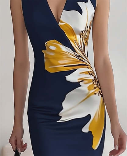 Navy Blue V-Neck Sleeveless Dress with Floral Print