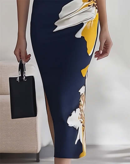Navy Blue V-Neck Sleeveless Dress with Floral Print