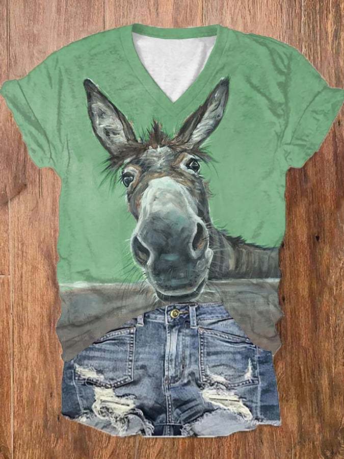 Women's Funny Donkey Print Casual V-Neck Tee