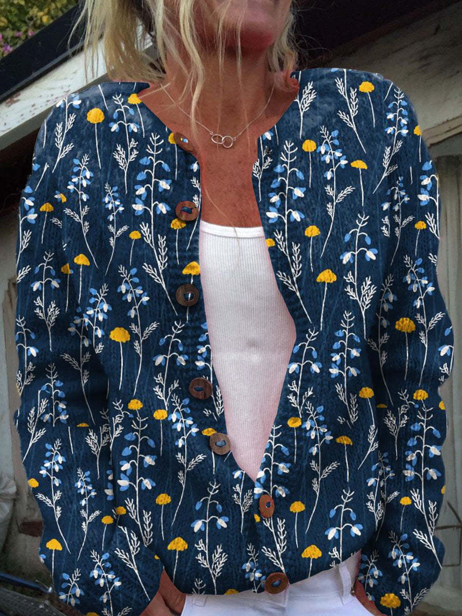 Floral Art Print Buttoned Cardigan Sweater