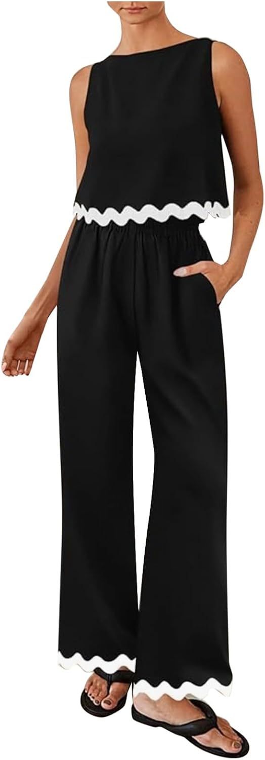 Matching Lounge Set Women Summer Plus Size Wide Leg Pants Sleeveless Lounge Set Stylish Comfy Jogger Loungewear Set