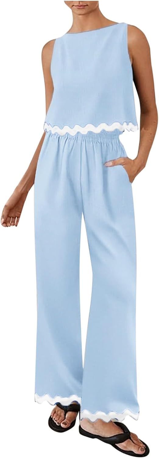 Matching Lounge Set Women Summer Plus Size Wide Leg Pants Sleeveless Lounge Set Stylish Comfy Jogger Loungewear Set