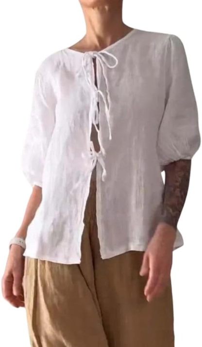Summer Casual Linen Sets for Women Plus Size Trendy 2 Piece Outfits Half Sleeve Lace-Up Shirt and Wide Leg Pant Suit