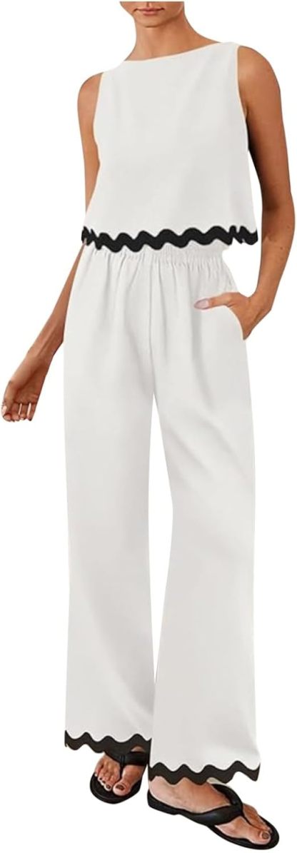 Matching Lounge Set Women Summer Plus Size Wide Leg Pants Sleeveless Lounge Set Stylish Comfy Jogger Loungewear Set