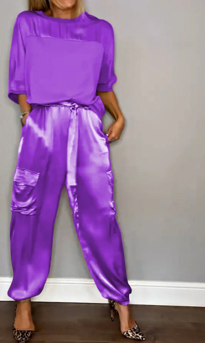 Fashion Women'S Smooth Satin Half Sleeve Top Set Two-Piece Set