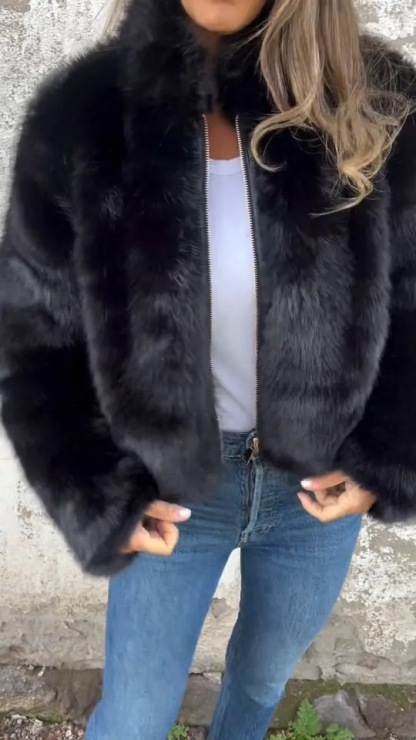 Autumn And Winter Women'S Imitation Fur Turtleneck Zipper Casual Top Jacket