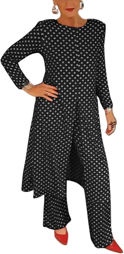 Womens Polka Dot Pant Suit 2 Piece Outfits Fall Long Tunic Tops and Wide Leg Pants Sets Matching Sets Women Clothing