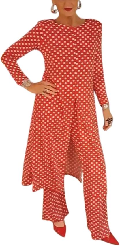 Womens Polka Dot Pant Suit 2 Piece Outfits Fall Long Tunic Tops and Wide Leg Pants Sets Matching Sets Women Clothing