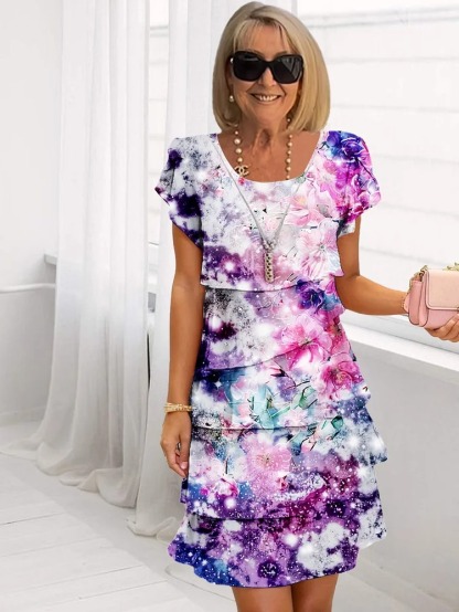 Multi-plant Floral Print Cascade Dress