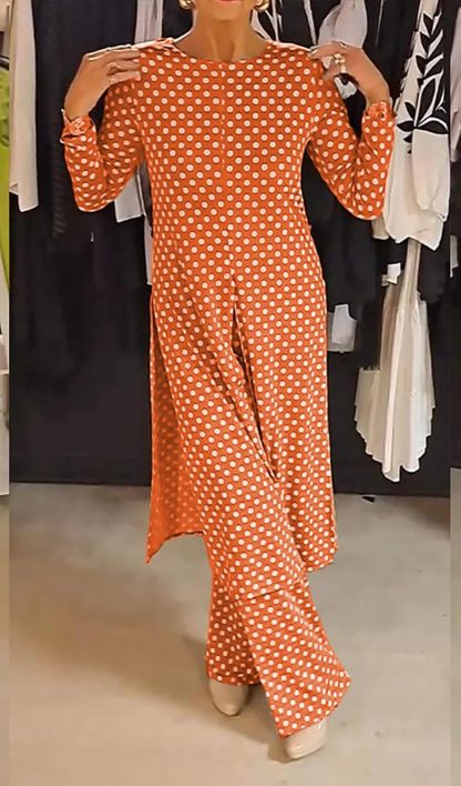 Womens Polka Dot Pant Suit 2 Piece Outfits Fall Long Tunic Tops and Wide Leg Pants Sets Matching Sets Women Clothing