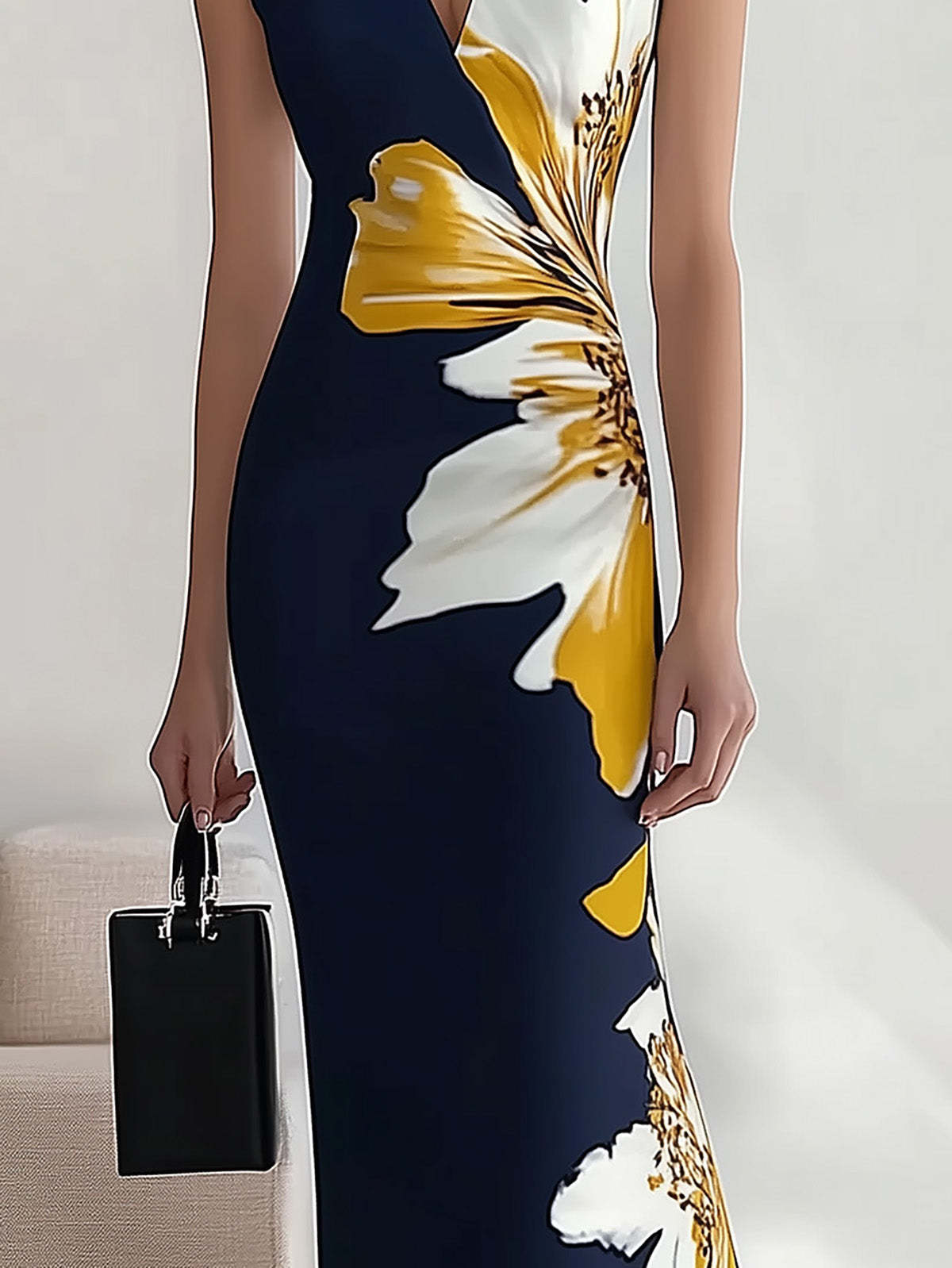 Navy Blue V-Neck Sleeveless Dress with Floral Print