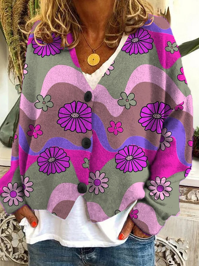 Japanese Floral Print Buttoned Casual Cardigan  Sweater AA