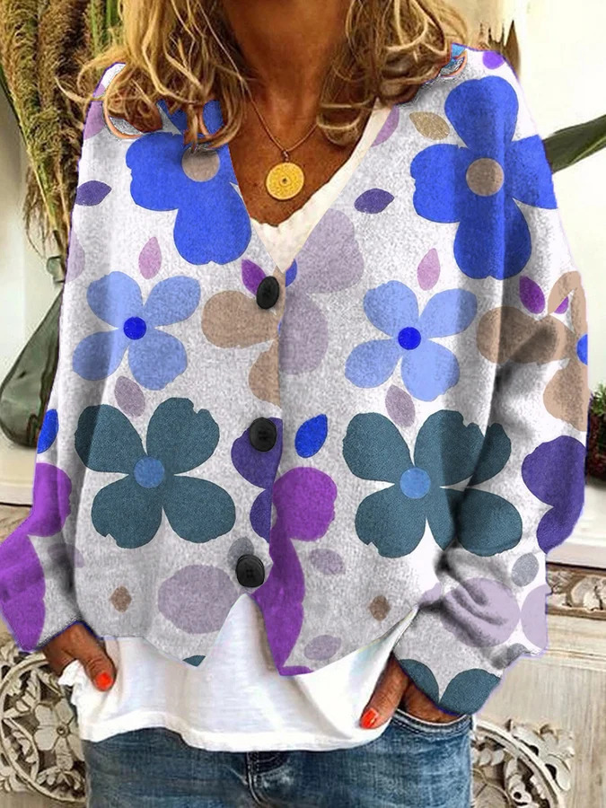 Japanese Floral Print Buttoned Casual Cardigan  Sweater AB