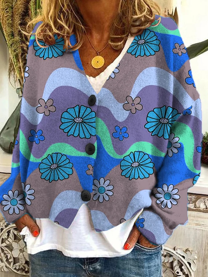 Japanese Floral Print Buttoned Casual Cardigan  Sweater AG