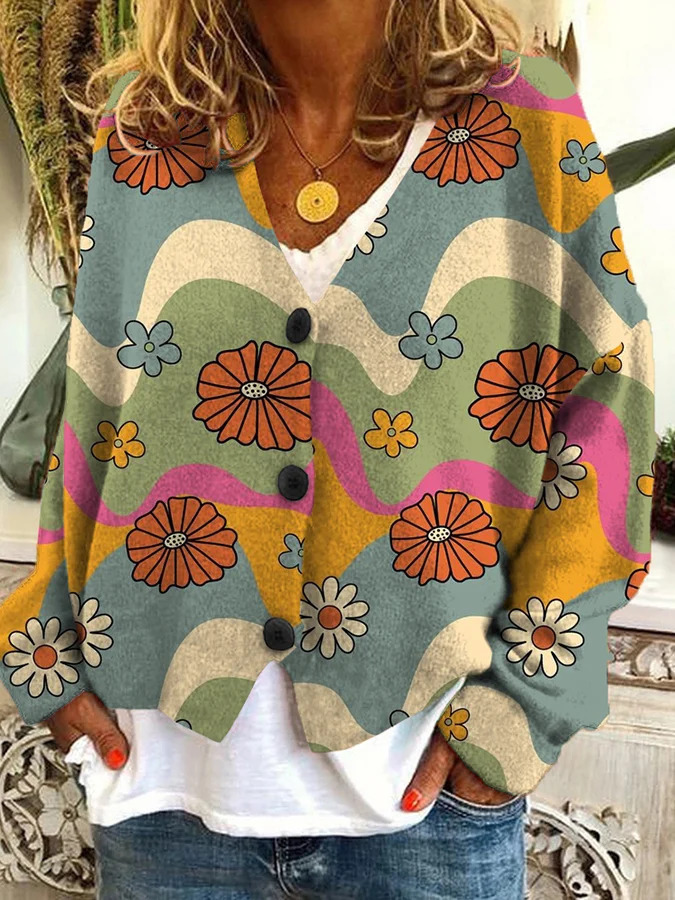 Japanese Floral Print Buttoned Casual Cardigan  Sweater AO