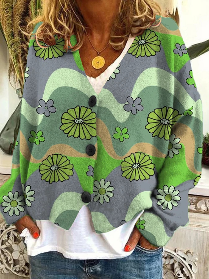 Japanese Floral Print Buttoned Casual Cardigan  Sweater AR