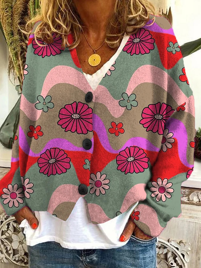 Japanese Floral Print Buttoned Casual Cardigan  Sweater AV