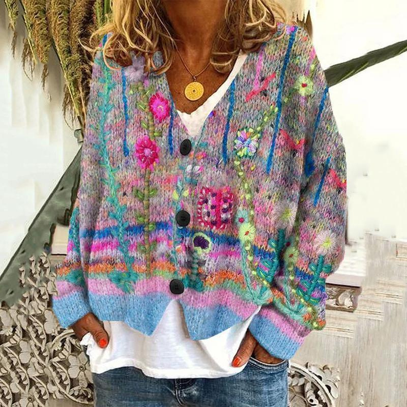 Japanese Floral Print Buttoned Casual Cardigan  Sweater BB
