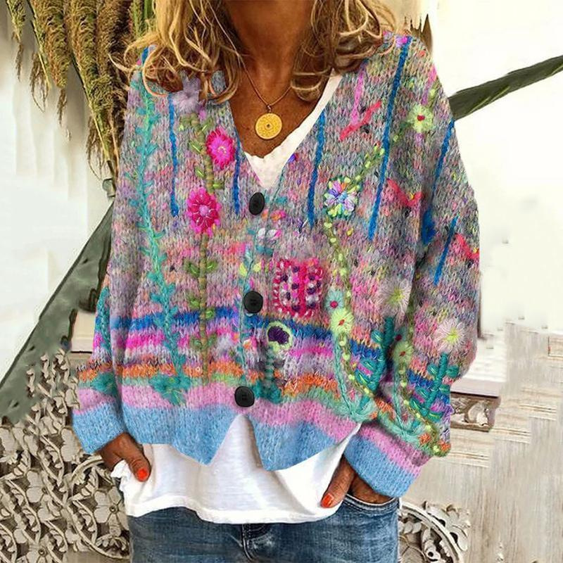 Japanese Floral Print Buttoned Casual Cardigan  Sweater BB