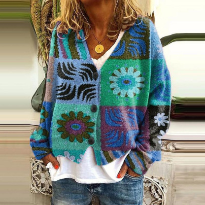 Japanese Floral Print Buttoned Casual Cardigan  Sweater BE