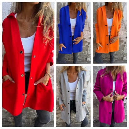 Autumn And Winter Solid Color Casual Single Bretted Hooded Jacket Jacket