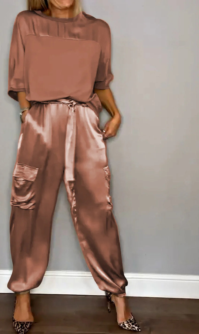 Fashion Women'S Smooth Satin Half Sleeve Top Set Two-Piece Set