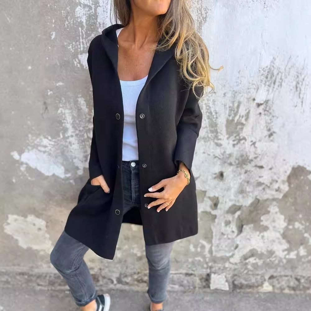Autumn And Winter Solid Color Casual Single Bretted Hooded Jacket Jacket