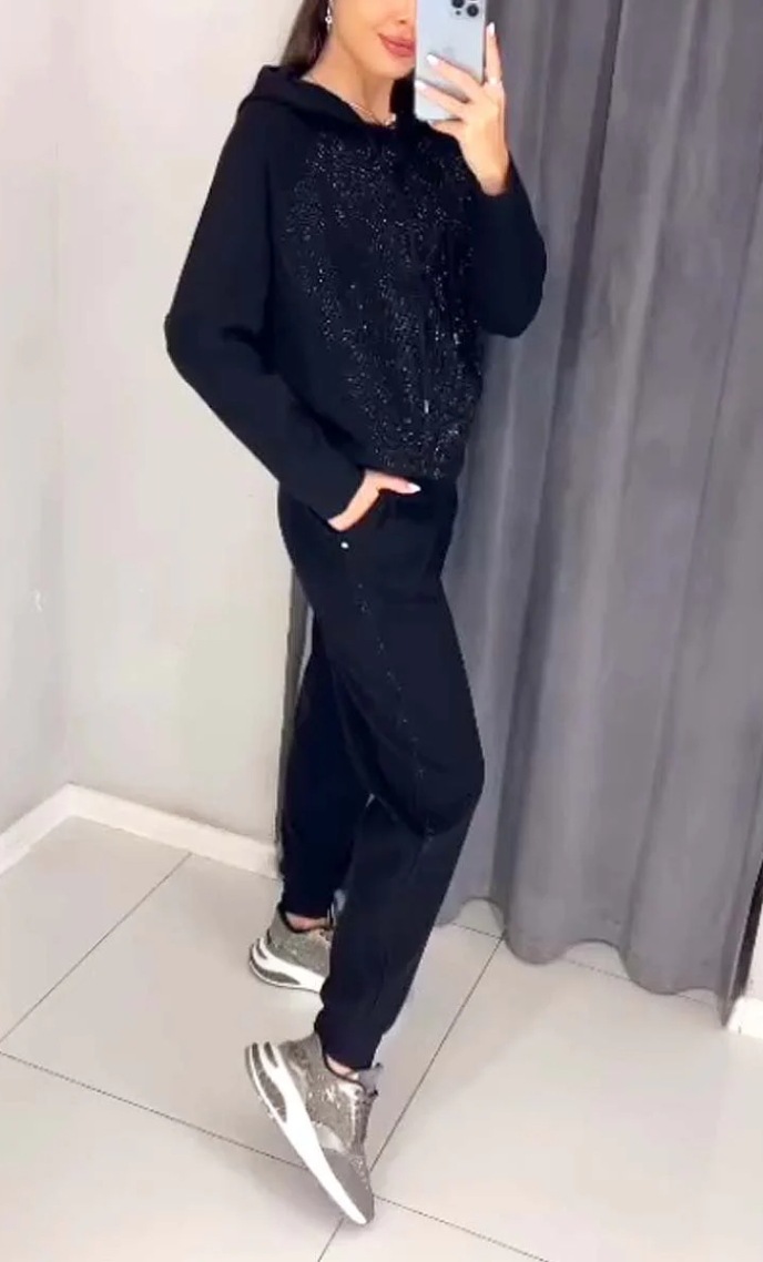 2 Pcs/Set Women Top Pants Suit Rhinestone Decor O Neck Long Sleeves Patchwork Sport Sweatshirt Elastic Waist Trousers Fitness Outfit